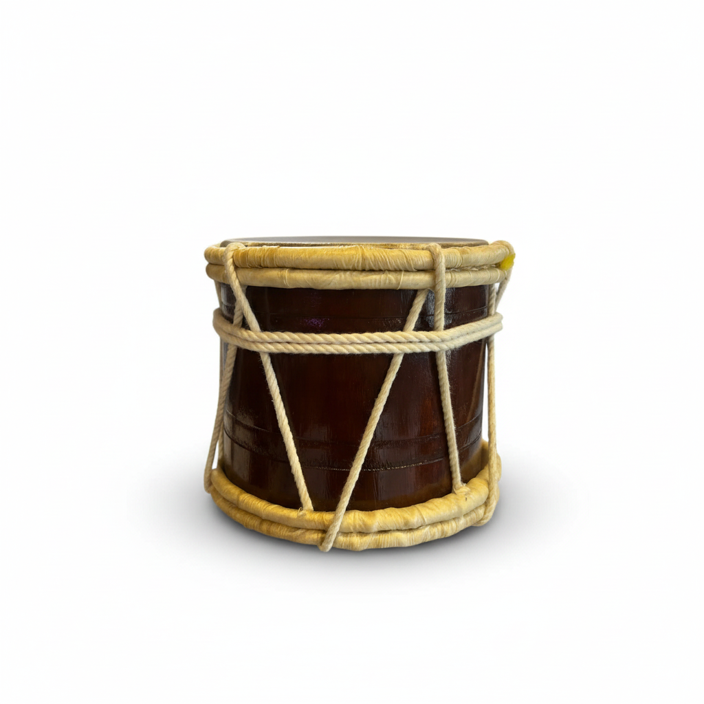 Chasser PK small drum shown from the front with brown shell, tan rims, rope tensioning, and drumhead on a white background