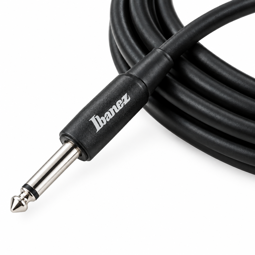 Close-up of Ibanez SI10 black 3-meter cable with a straight mono plug and Ibanez connector sleeve