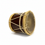 Chasser PK small drum lying on its side at an angle, showing the drumhead, shell thickness, tan rims, and rope tensioning on a white background