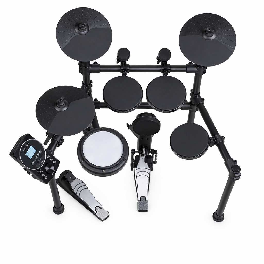 Practice rhythms and build your own kit sound with the MZ52O electronic drum set. The 8-inch dual-zone mesh snare and compact toms provide a varied playing setup, while choke-equipped crash and ride pads add control to cymbal accents.

Drums and cymbals
Three 7.5-inch single-zone toms and one 8-inch dual-zone mesh snare
10-inch crash and ride cymbals, each with choke; 10-inch hi-hat with continuous-type pedal
6-inch kick pad; support for a second crash and double-bass triggering
Sounds and practice
25 prese