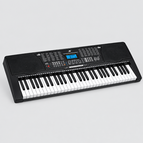 Unbranded MK821 black 61-key portable electronic keyboard shown alone from a three-quarter angle with speakers, keys, LCD display, and control panel