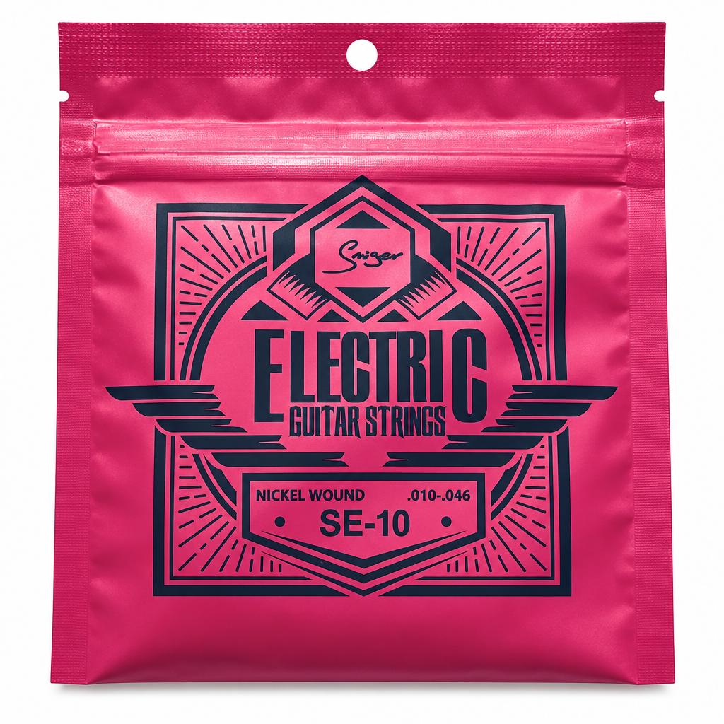 Close-up of the Smiger SE-10 nickel wound electric guitar strings package showing the original .010-.046 gauge and package specifications