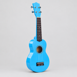 Unbranded GK-10 bright blue soprano ukulele shown from a three-quarter angle with its compact body and blue finish