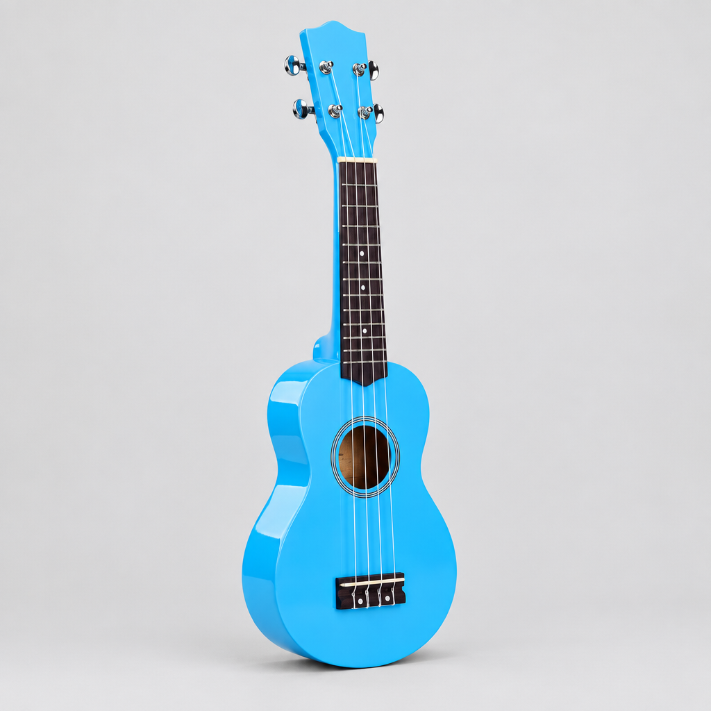 Unbranded GK-10 bright blue soprano ukulele shown from a three-quarter angle with its compact body and blue finish