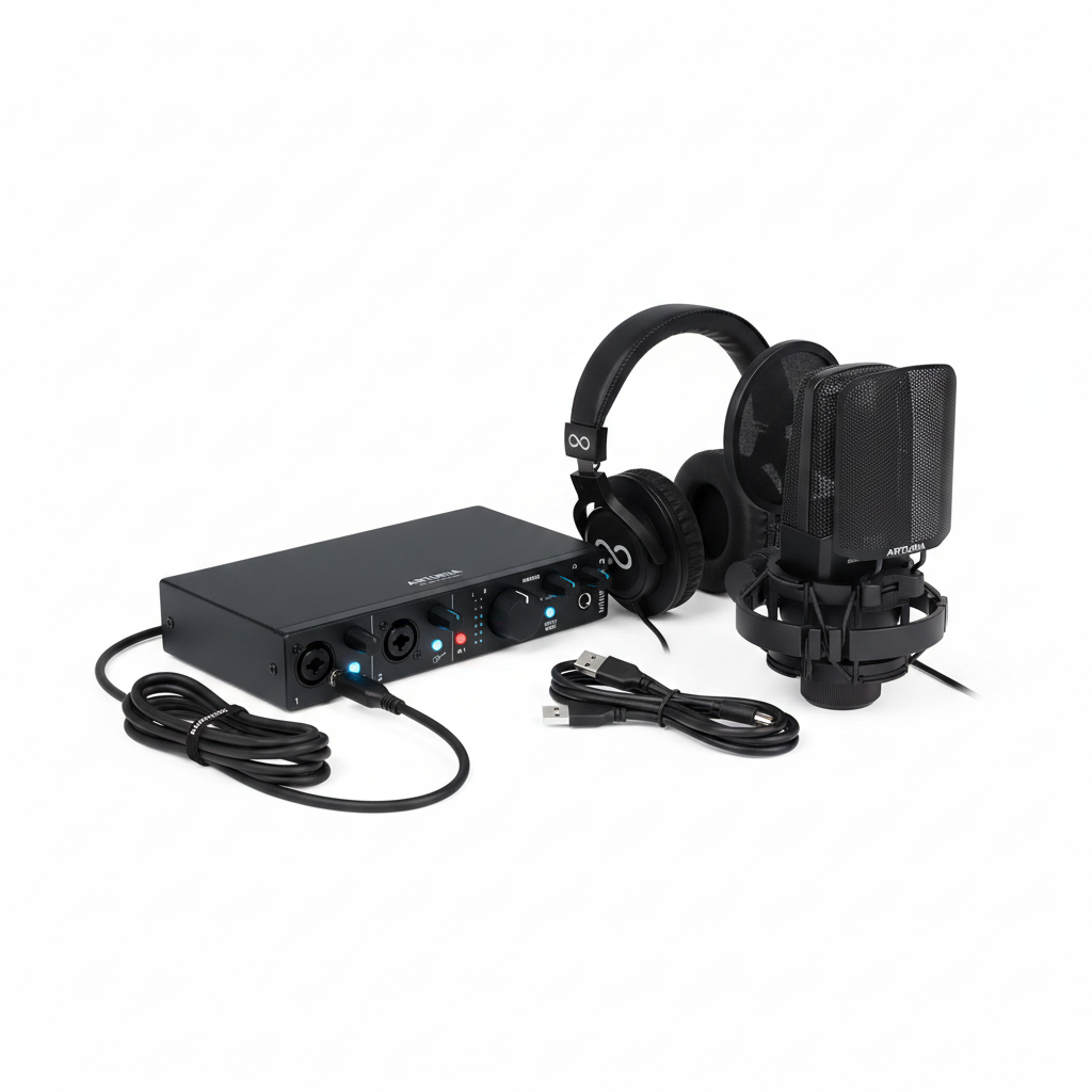 Arturia MiniFuse 2 Recording Pack shown on a white background with the MiniFuse 2 audio interface, microphone, headphones, and visible cables arranged together