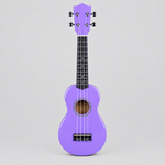 Unbranded GK-10 vivid purple soprano ukulele shown from the front with four strings and a blank headstock