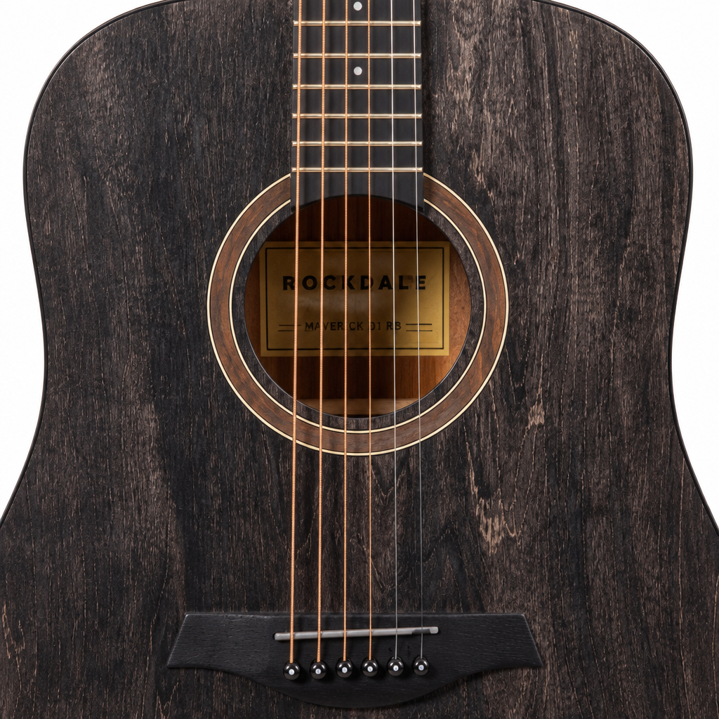 Straight-on close-up of the Rockdale Maverick D1 RB strings, soundhole, bridge, and fingerboard.