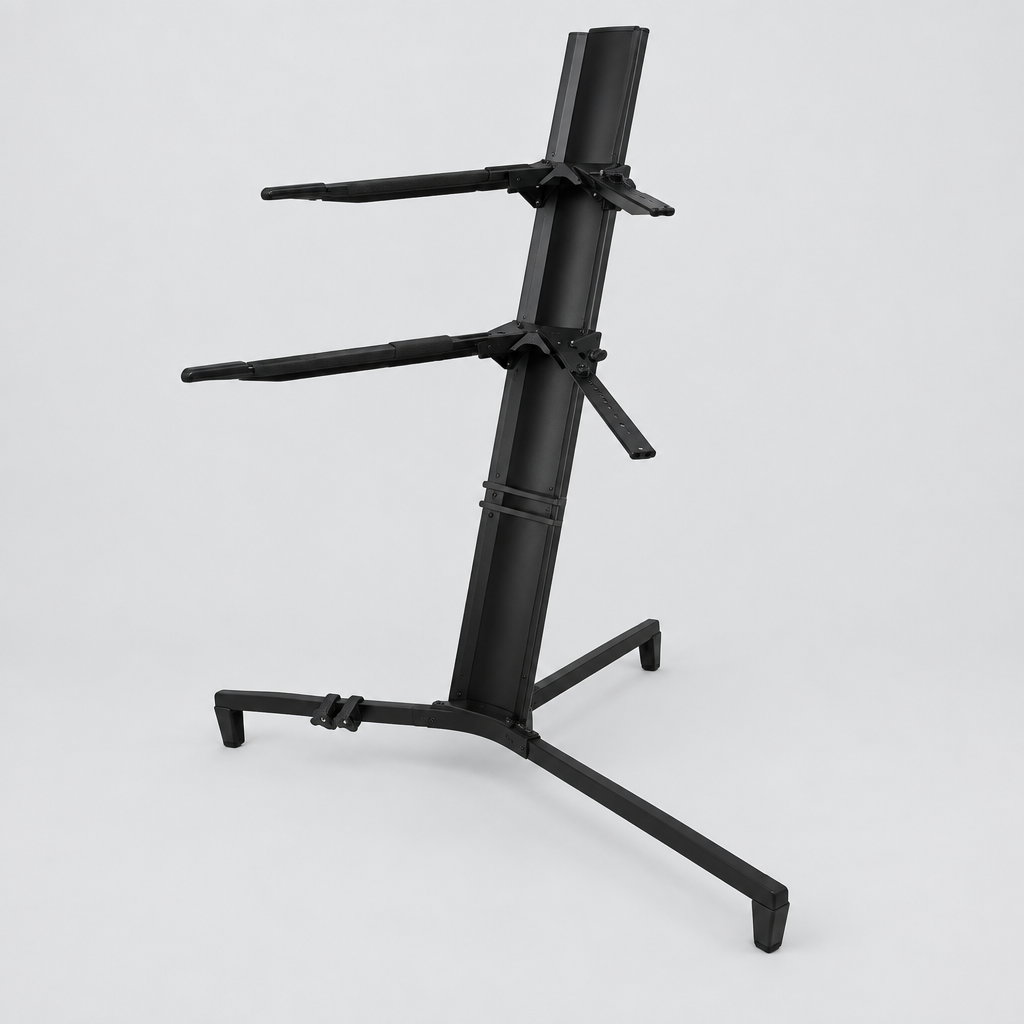 Unbranded Z-80 black double-tier keyboard stand shown from a three-quarter angle with its central frame, adjustable support arms, and rubber feet