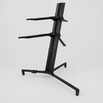Unbranded Z-80 black double-tier keyboard stand shown from a three-quarter angle with its central frame, adjustable support arms, and rubber feet
