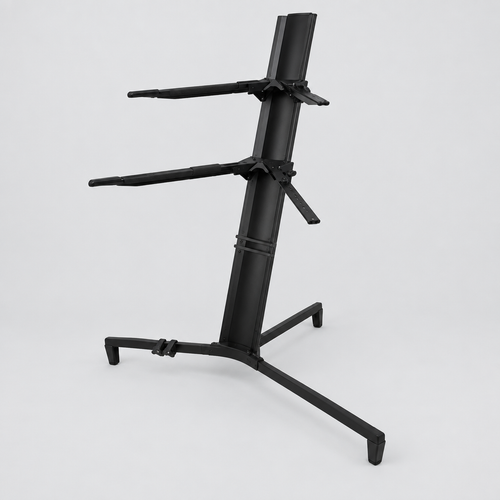 Unbranded Z-80 black double-tier keyboard stand shown from a three-quarter angle with its central frame, adjustable support arms, and rubber feet