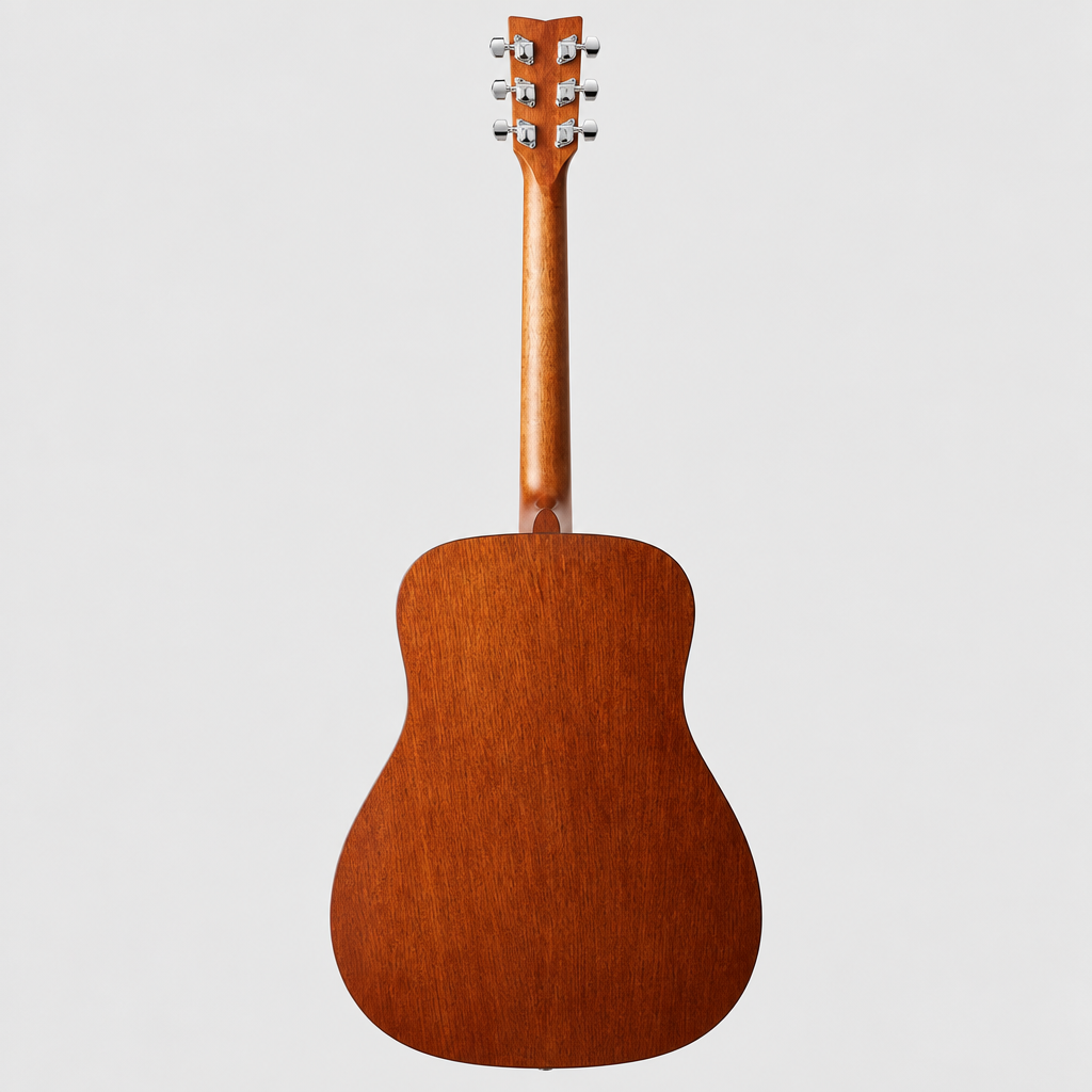 Straight-on full rear view of the Yamaha F310 natural acoustic guitar.