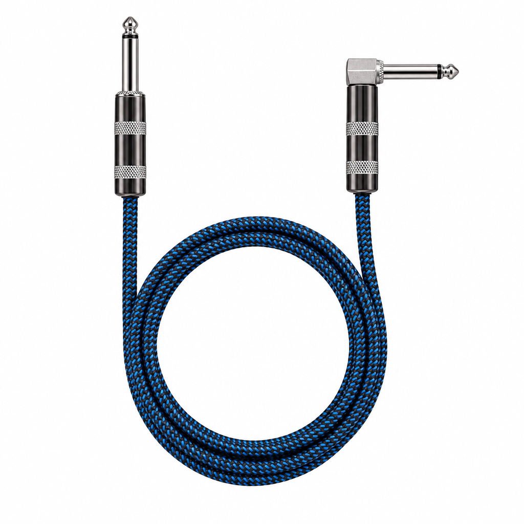 Straight front view of the Luxars LCB-3B 3-meter blue patterned instrument cable showing its coiled cable jacket, straight plug, and right-angle plug