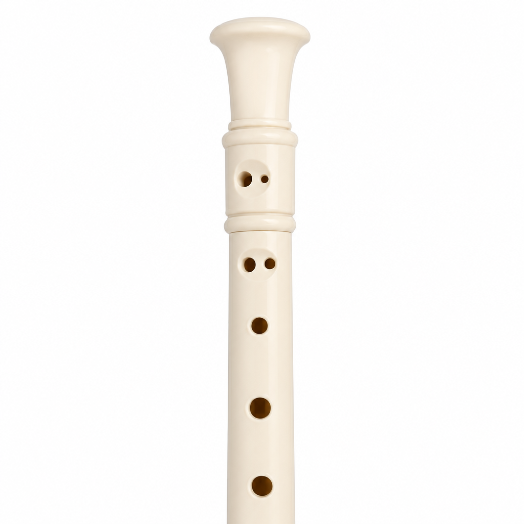 Close-up of the Yamaha YRS-24B white soprano recorder mouthpiece and finger holes