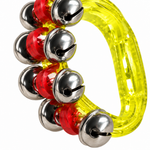 Close-up of yellow handheld sleigh bell with red inner holders and metal bells