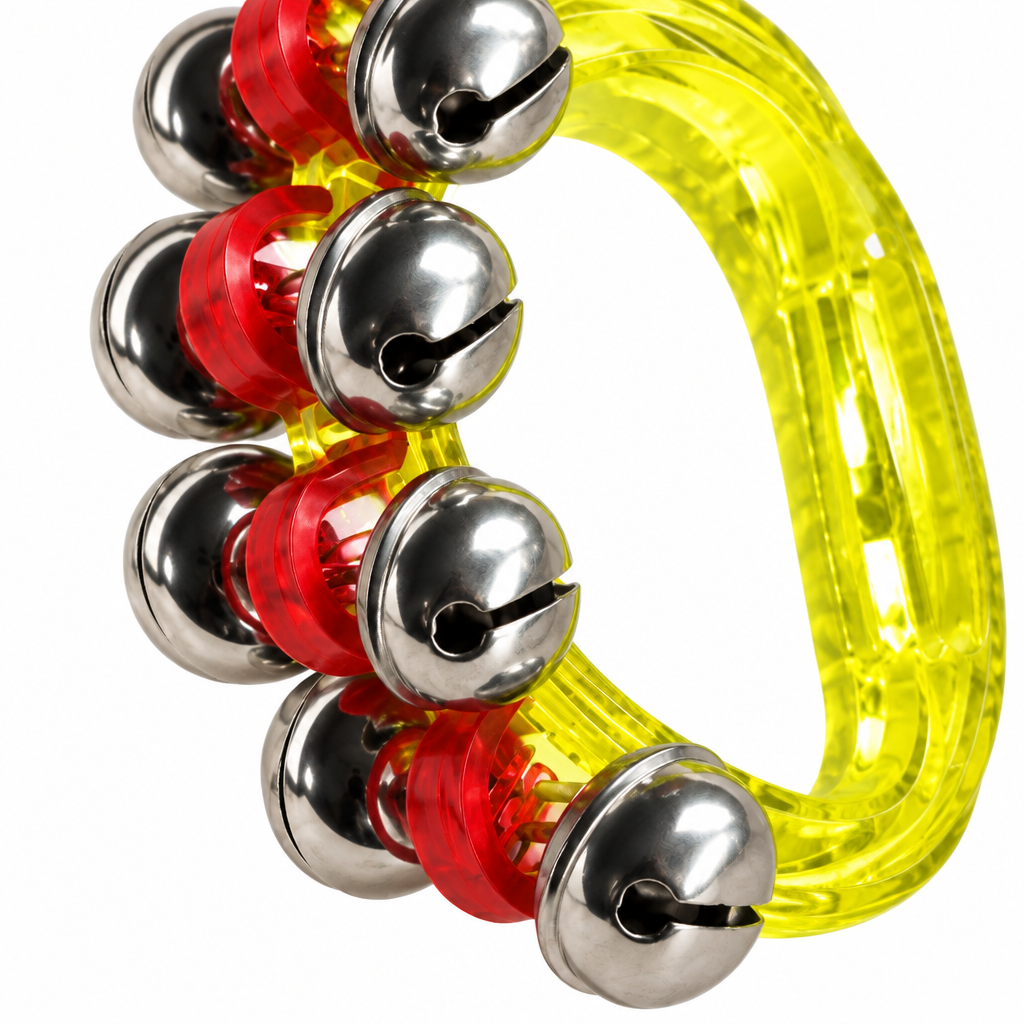 Close-up of yellow handheld sleigh bell with red inner holders and metal bells