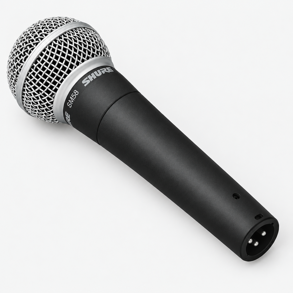 Three-quarter view of the Shure SM58-LCE vocal microphone showing its grille, black body, and XLR connector.