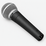 Three-quarter view of the Shure SM58-LCE vocal microphone showing its grille, black body, and XLR connector.