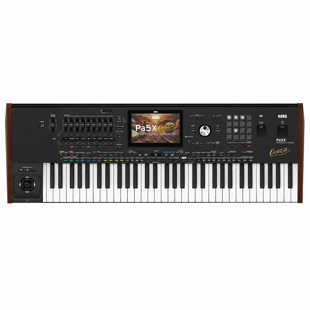 Korg Pa5X MG professional arranger keyboard, straight front view showing the full keyboard and control surface