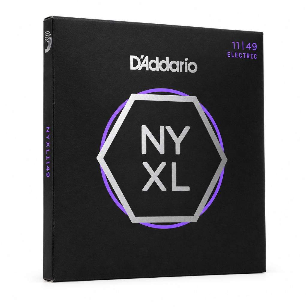 45-degree side view of the D'Addario NYXL1149 11–49 medium-gauge electric guitar strings package.