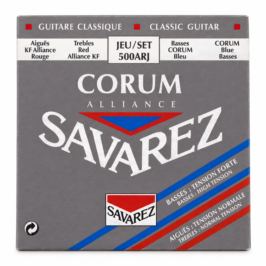 Close-up of the Savarez 500ARJ package front label showing Alliance KF and Corum