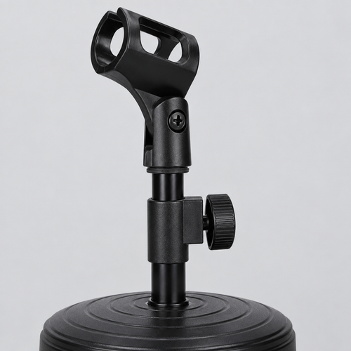 Close detail of the unbranded ZM-02 mini microphone stand showing its microphone clip, adjustment joint, knob, support, and base