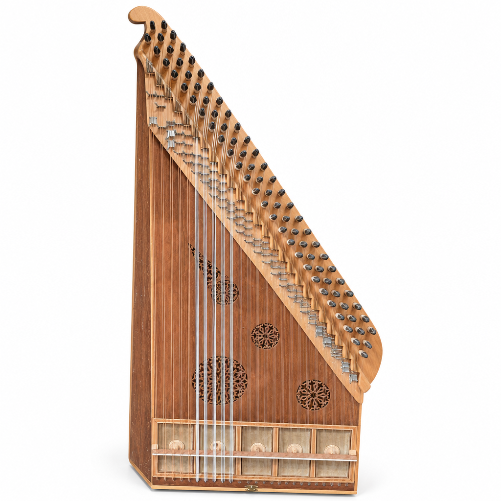 Arabic qanun instrument, three-quarter angled view showing the trapezoidal body and side construction