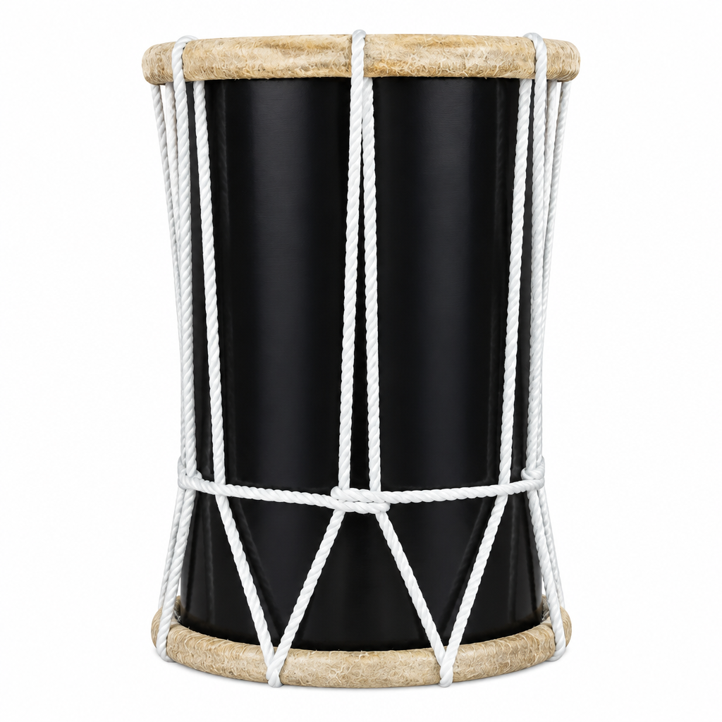 Black Chasser Arabic drum standing upright in a straight-on view