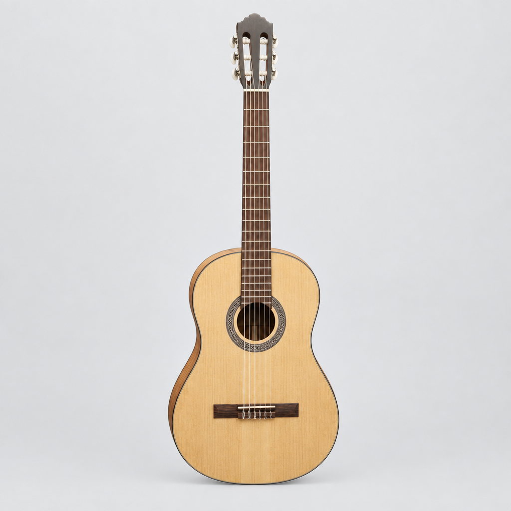 Straight-on full front view of the natural-finish Flight C100NA 1/4-size classical guitar.