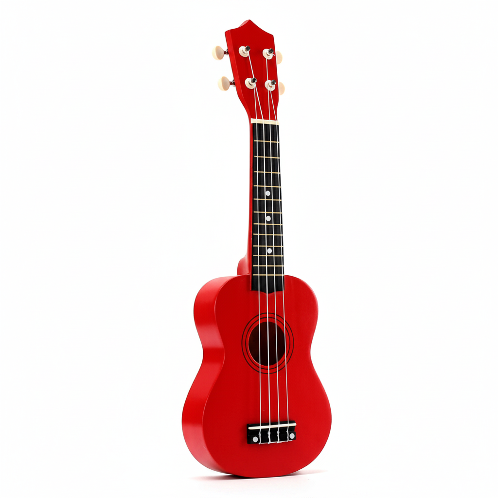 Unbranded red 21-inch soprano ukulele shown at a 45-degree angle on a white background