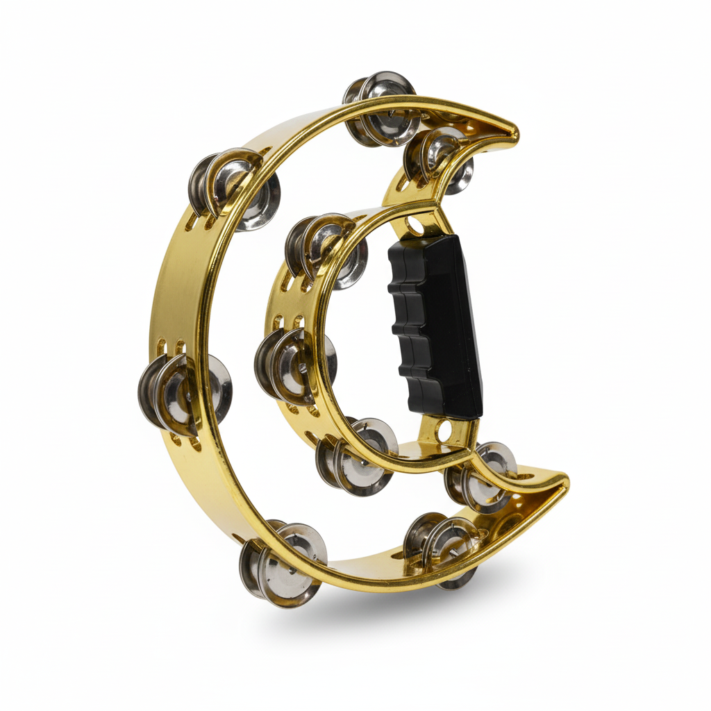 Gold tambourine cymbal hat shown from a side-angled view highlighting the curved frame, metal jingles, and black grip on a white background