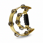 Gold tambourine cymbal hat shown from a side-angled view highlighting the curved frame, metal jingles, and black grip on a white background