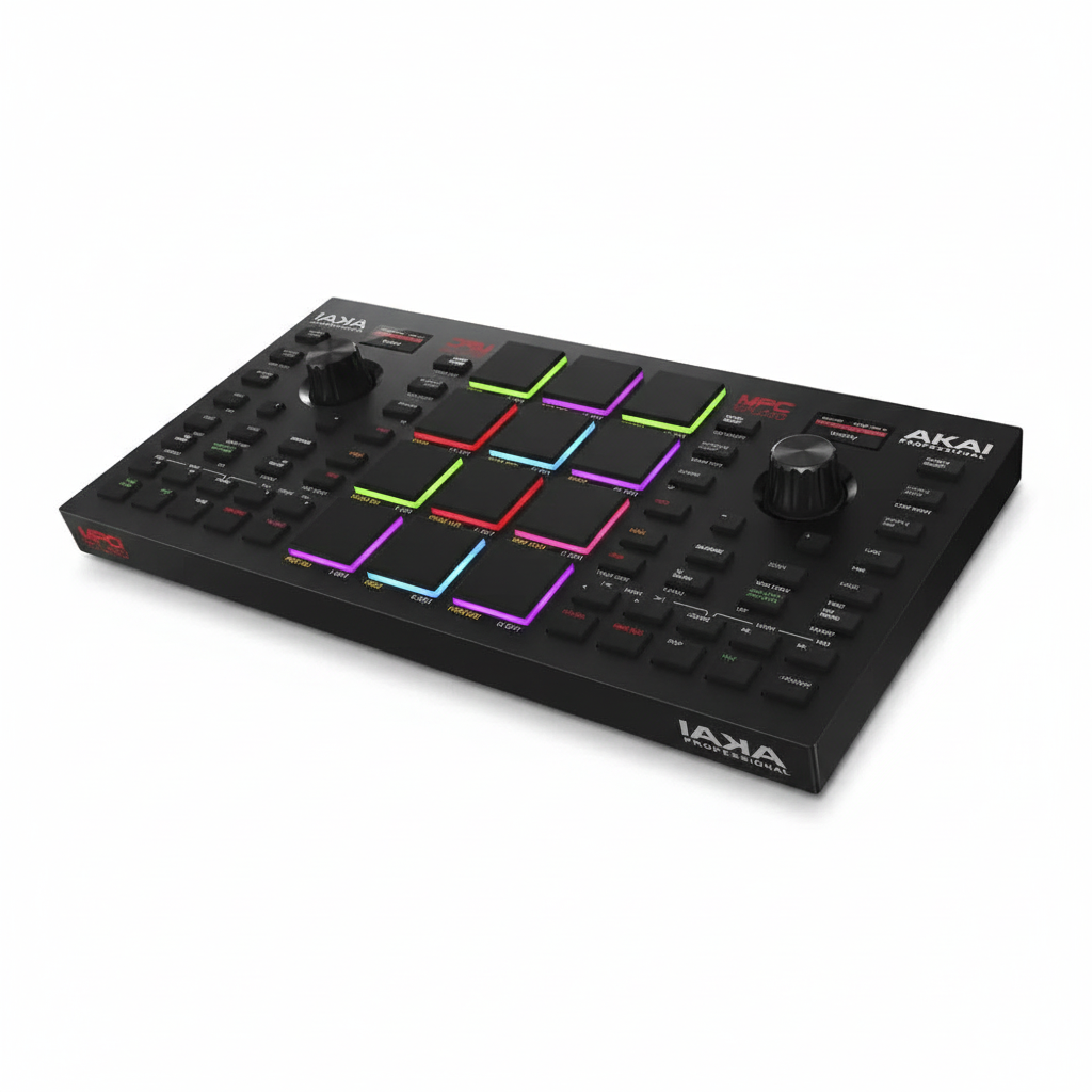 Akai Professional MPC Studio music production controller shown from the front at a three-quarter angle with 16 illuminated pads and hands-on controls on a white background