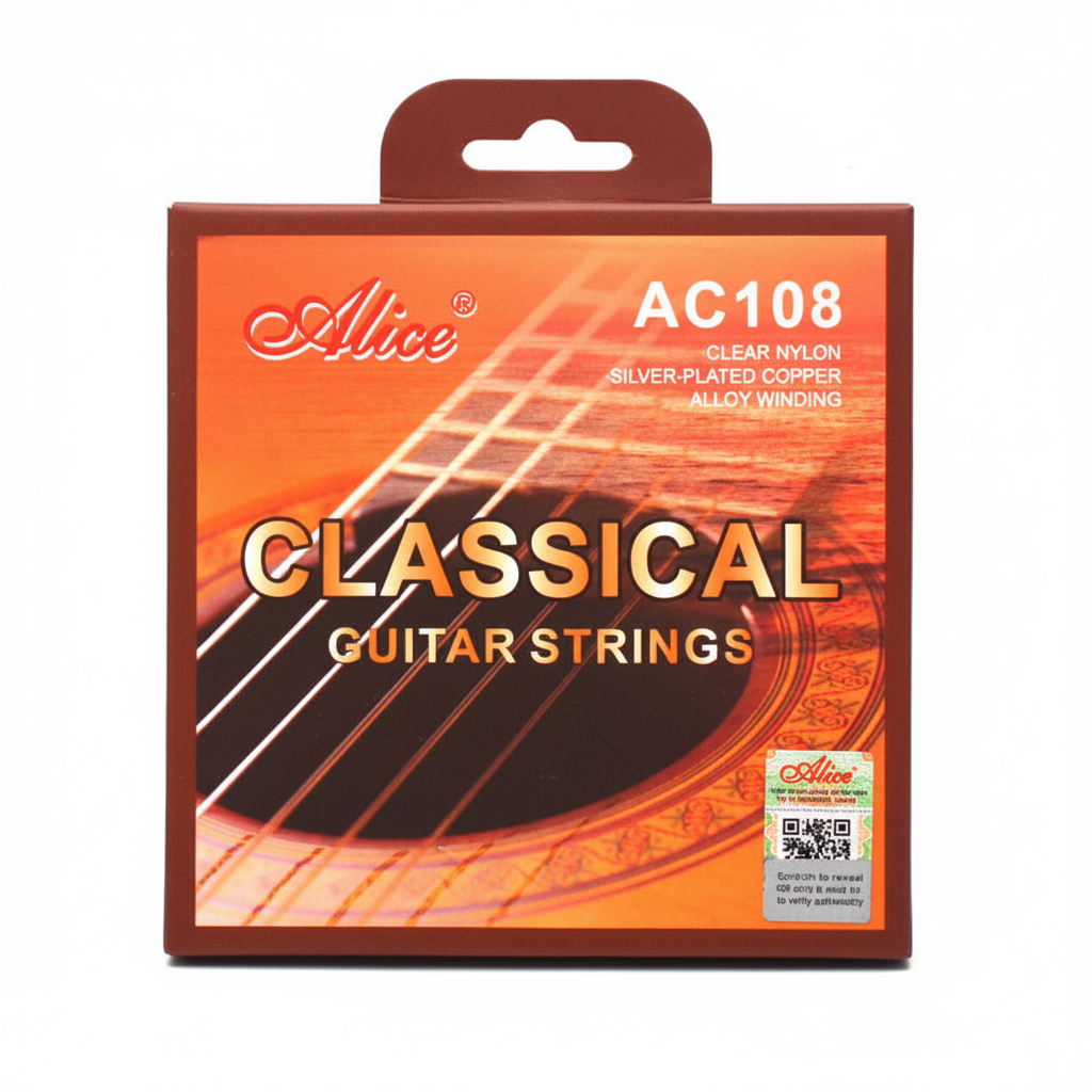 Alice AC108 classical guitar strings package shown straight-on with Alice branding, clear nylon, silver-plated copper alloy winding, and original printed details preserved on a clean white background