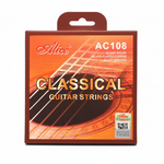 Alice AC108 classical guitar strings package shown straight-on with Alice branding, clear nylon, silver-plated copper alloy winding, and original printed details preserved on a clean white background