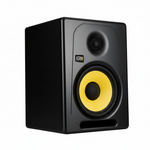 KRK K8-UK Kreate 8 black powered studio monitor shown at a 45-degree angle with KRK logo, yellow woofer, tweeter, front port, and cabinet depth