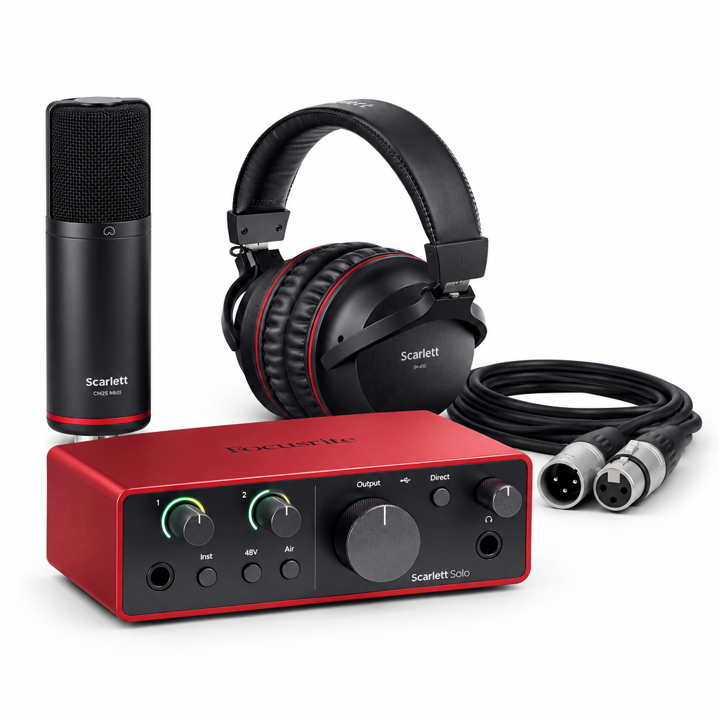 Angled view of the Focusrite Scarlett Solo interface with included CM25 MkIII microphone, SH-450 headphones and XLR cable.