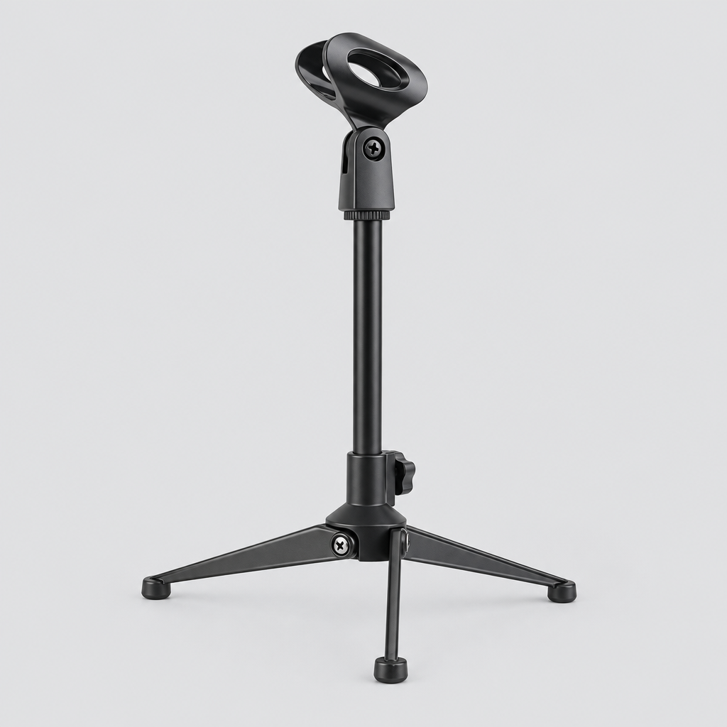 Unbranded ZM-07 mini microphone stand shown from a three-quarter angle with its microphone clip, adjustment joint, and round base