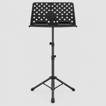Unbranded P-08B black foldable music stand shown from the front with a perforated tray, page supports, and tripod base