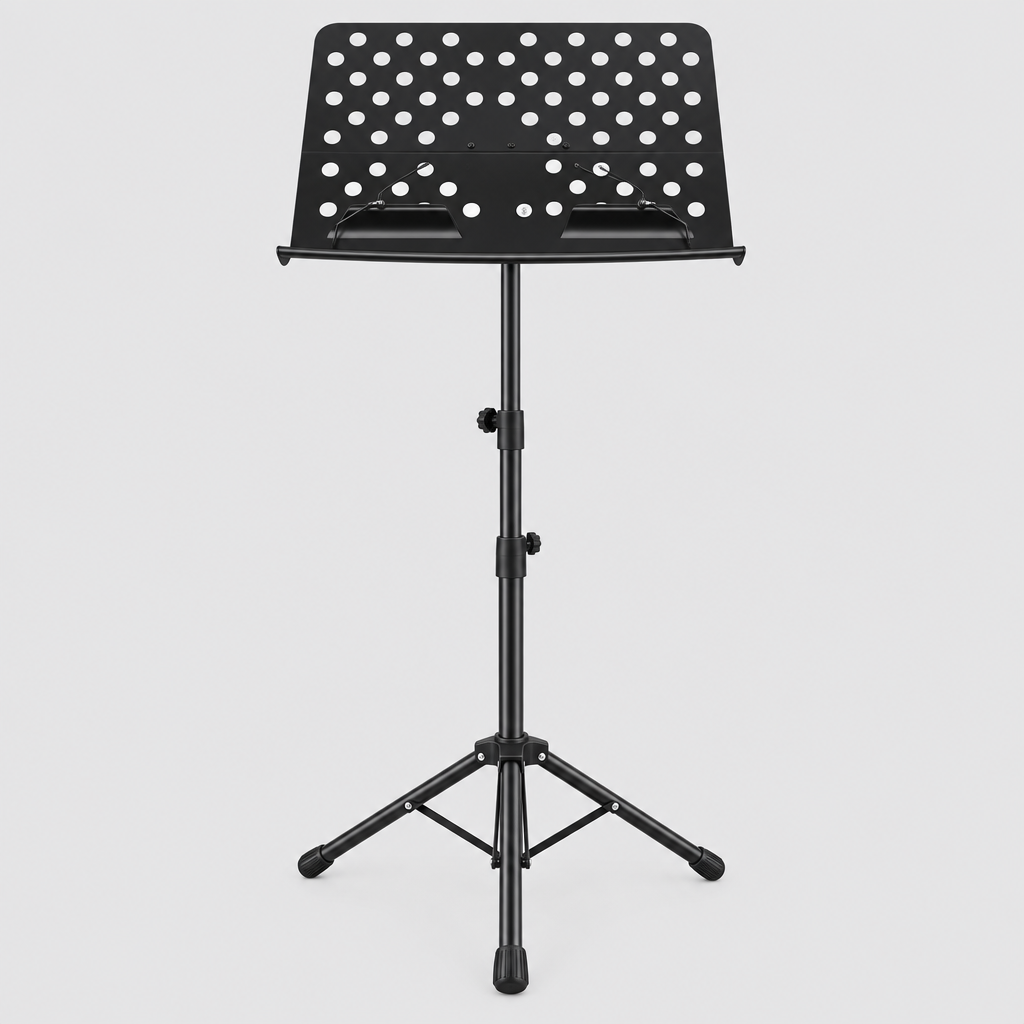 Unbranded P-08B black foldable music stand shown from the front with a perforated tray, page supports, and tripod base