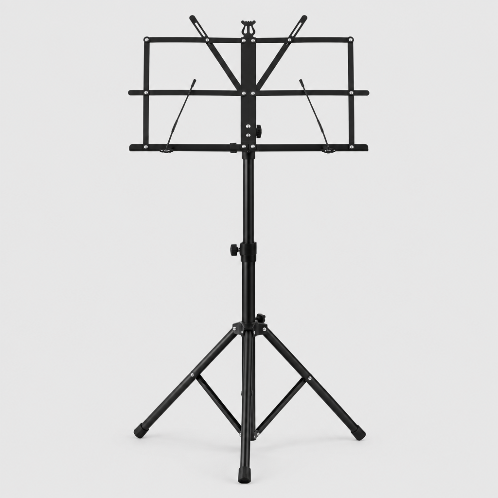 Unbranded P-01 black foldable music stand shown from the front with a tripod base, music tray, and page retainers