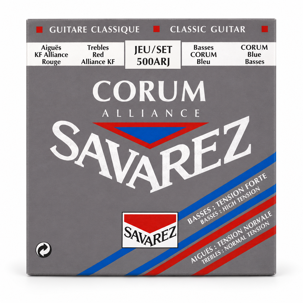 Savarez 500ARJ classical guitar strings package, straight front view showing Alliance KF and Corum