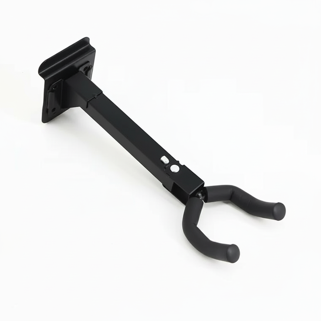 Close detail of the unbranded J-11 guitar wall hanger showing its wall plate, mounting arm, and padded guitar support