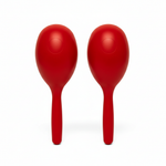 Pair of red maracas shown standing upright side by side on a white background