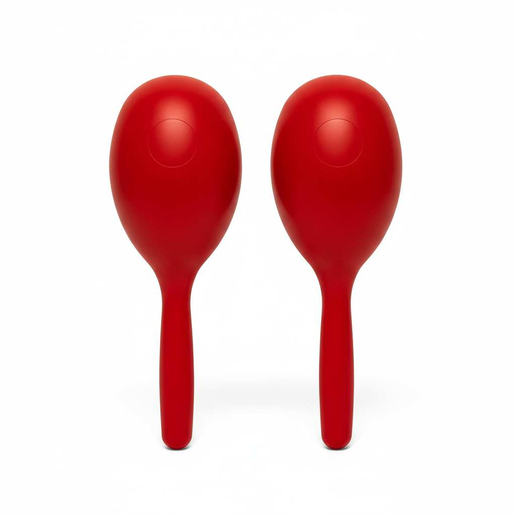 Pair of red maracas shown standing upright side by side on a white background