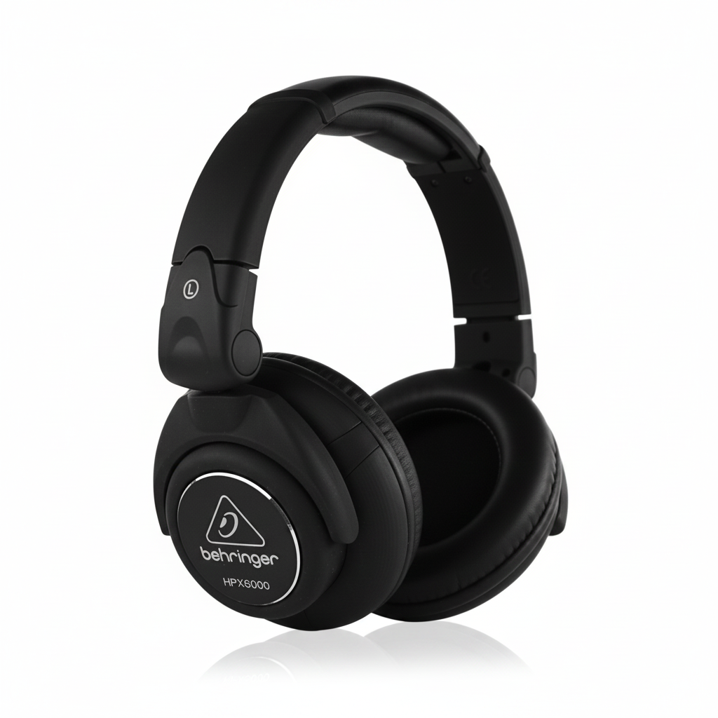 Behringer HPX6000 black professional DJ headphones shown at an angle with Behringer branding, over-ear cushions, and rotating earcup construction