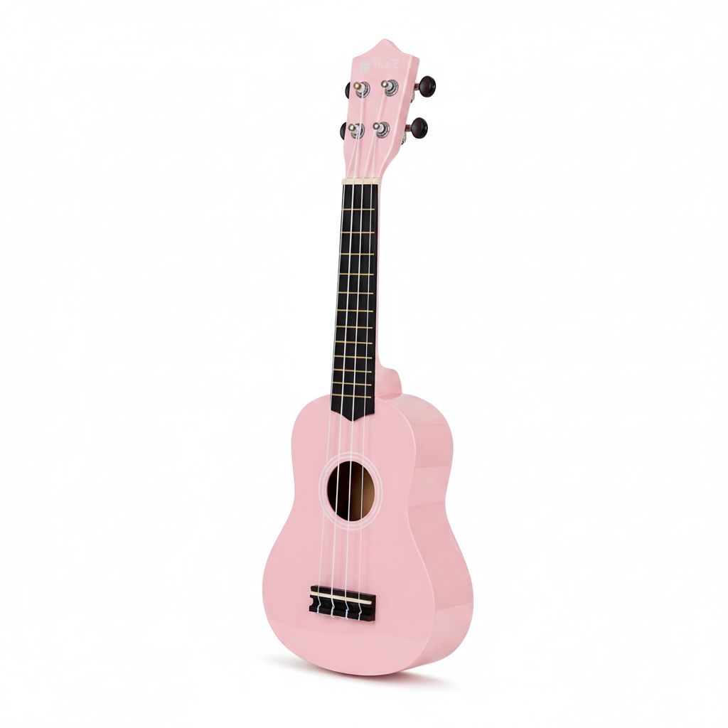 Unbranded pink 21-inch soprano ukulele shown at a 45-degree angle on a white background