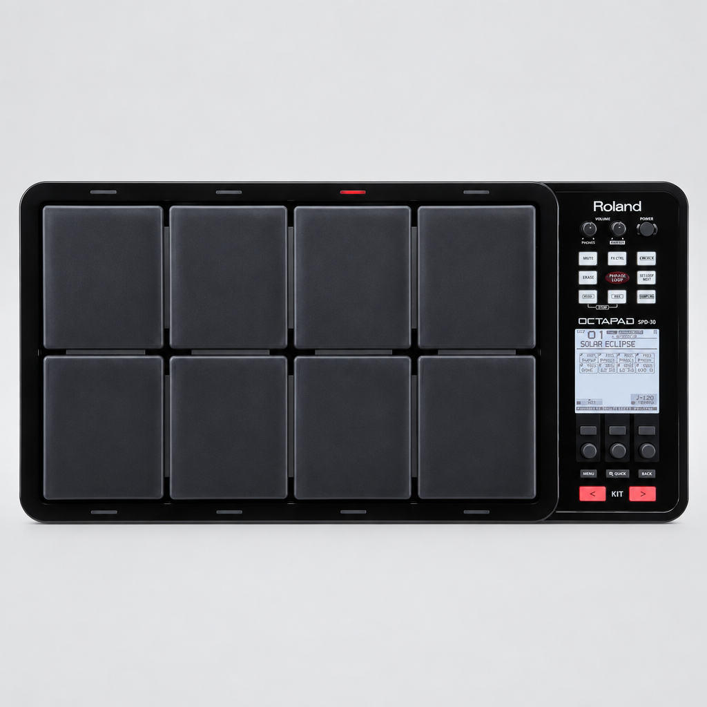 Straight-on front view of the Roland SPD-30 Octapad digital percussion pad with eight playing pads and control panel.