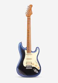 Electric guitar with a blue body and white pickguard on a white background