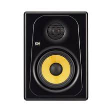 Black studio monitor speaker with yellow center on a white background