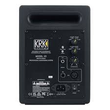 Back view of a KRK speaker with control panel and branding.